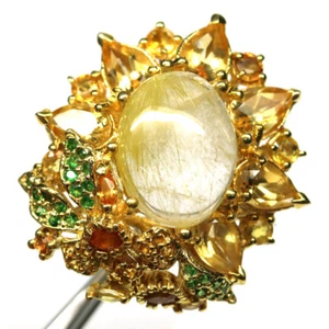 925 Argento Rutilo Quarzo, Citrino, Tsavorite & Zaffiro Gioielli Misura Anello - Foto 1 di 4