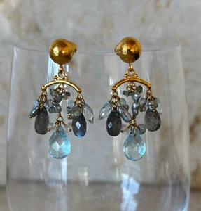 Gurhan Blue Sapphire, Aquamarine & Seed Pearl 24K Earrings - Picture 1 of 2