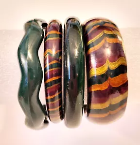 Vintage Lucite Plastic Green,Gold Brown Tiger Stripe Animal Prt Bangle Bracelets - Picture 1 of 11