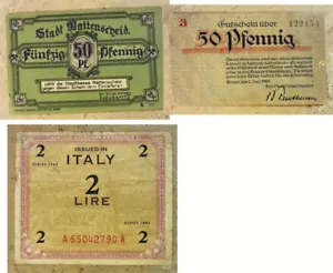 2 German Local Banknotes Voucher + 1 Italy 1943 Allied Military 2 Lire Currency - Picture 1 of 8