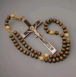 Rosary Brass Cross with Crucifix 1900s Antique French wooden Rosary Lourdes - Picture 1 of 7
