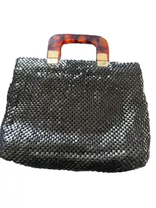 Borsa vintage nera paillettes rete metallo lucido manico tartaruga bachelite Hong Kong - Foto 1 di 8