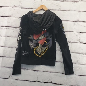 ED HARDY Jacket Womens Small Cropped Vintage Y2K Full Zip Rhinestones Tattoo Art - Picture 1 of 9