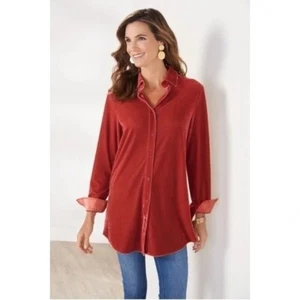 Weiche Umrandung, hellkoralle BOYFRIEND Velours Langarm Knopfleiste Oberteil 2X - Bild 1 von 8