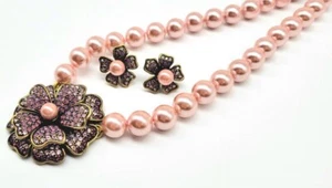 Heidi Daus Pink Swarovski Crystal + Glass Pearl Flower Necklace + Earring Set - Picture 1 of 15