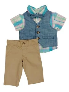 Infant & Toddler Boys 4 Piece Set Shirt Vest Bow Tie Khaki Pants Outfit Set NB - Picture 1 of 1