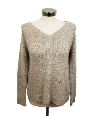 NUEVO KENSIE Diseñador Cristal Estrás Crema Bronceado Beige Suave Suéter Pequeño Foto 1 de 4