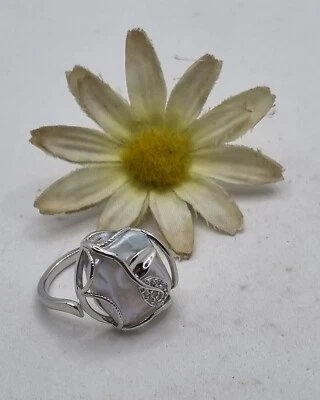 ANELLO IN ARGENTO CON PERLA bianca rettangolare, regolabile, anello da sera - Immagine 1 di 4
