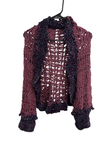 Crocheted Open Front Cardigan Sweater Burgundy Purple Chenille Cozy Whimsigoth - Picture 1 of 8