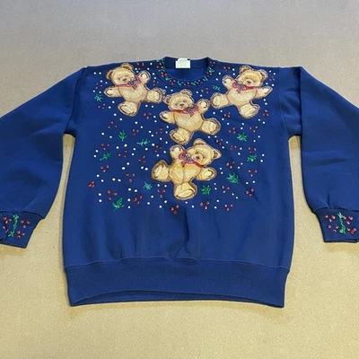 Suéter Lee de Colección Resistente para Mujer Grande Azul Oso de Peluche Navidad Años 90 EE. UU. Foto 1 de 4