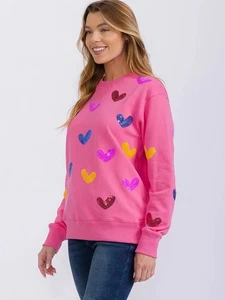 Nuevo con etiquetas Pullover Azul Terciopelo Rosa Caliente Lentejuelas Corazones Talla Mediana 100% Algodón - Imagen 1 de 8