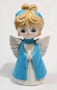 Vtg Singing Angel Figurine Ceramic 7.5" Hand Painted Pearlescent Wings Blue Gown - Picture 1 of 6