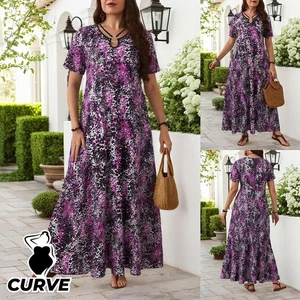 Plus Size Curvy Women Leopard V Neck Maxi Dress Summer Holiday Swing Sundress - Picture 1 of 11