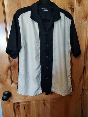 Brandini men's black & cream 100% silk bowling shirt,  med, retro, rockabilly - Image 1 of 4