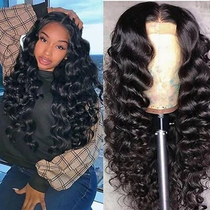 Parrucche anteriori Moocorvic 26 pollici onda profonda capelli umani, parrucche onda 180% nere - Foto 1 di 6