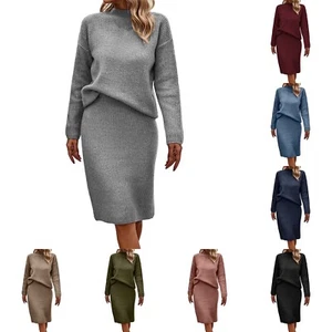 Women's Two Piece Sweater Skirt Sets Knit Sweater Top Bodycon Skirt Outfit Set - Picture 1 of 44