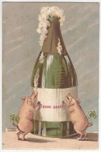 1908 Saludos de Año Nuevo PC - CERDOS y botella de champán que fluye, tréboles - Imagen 1 de 2