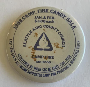 Vintage 1988 Camp Fire Candy Sale Seattle King County Council pulsante pinback - Foto 1 di 3