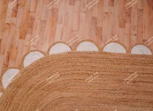 Beige Oval Jute Rug With White Scalloped Design Rug Vintage Jute Dhurrie Rug - Picture 1 of 5