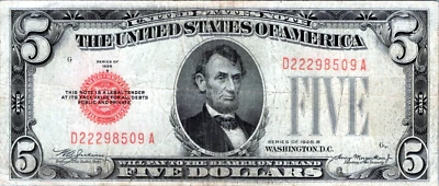 1928-B $5 "RED SEAL" Legal Tender F-VF Fr. 1527 - Image 1 of 3