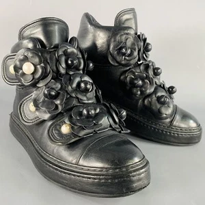 CHANEL Size 7 Black Leather Camellias Faux Pearls Applique High Top Sneakers - Picture 1 of 11