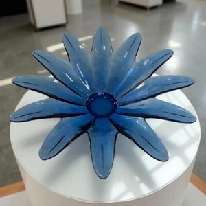 Vintage Large 70's Cobalt Blue Glass Decorative Flower Bowl- 12 Petals - 17.25"D - Picture 1 of 14