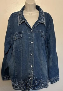 Quacker Factory Rhinestone Bling Blue Denim Jacket Plus Size 2X Cotton Stretch - Picture 1 of 8