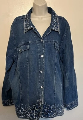 Quacker Factory Rhinestone Bling Blue Denim Jacket Plus Size 2X Cotton Stretch - Image 1 of 4