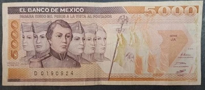 1987 Mexico 5000 Pesos P88b, Serie  JA D0190924. - Image 1 of 3