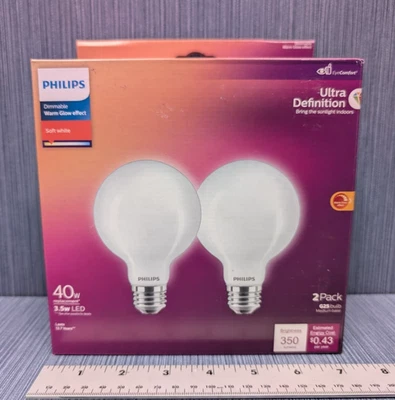 Lot of 2 Pack x Philips Dimmable 3.5W Warm Glow 2700K-2200K 90 CRI G25 Globe LED - Image 1 of 4