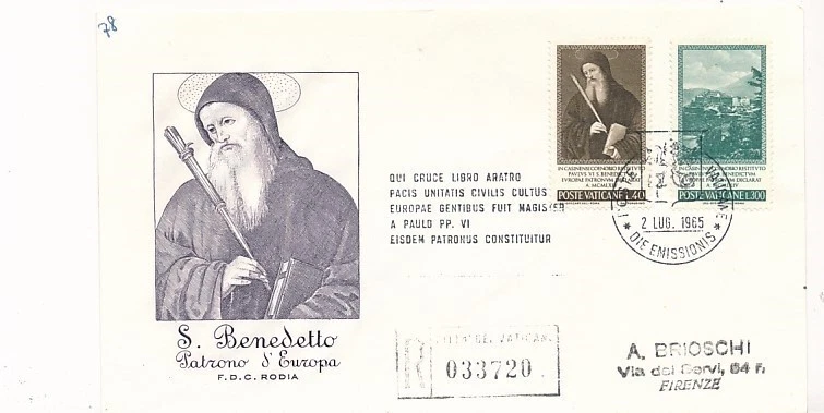 D222552 St. Benedict FDC Vatican City 1965 - Image 1 of 1