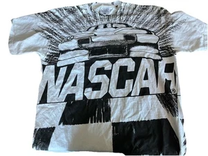 Vintage Black & White NASCAR White All Over Print Short Sleeve Crew Neck T-Shirt - Picture 1 of 3