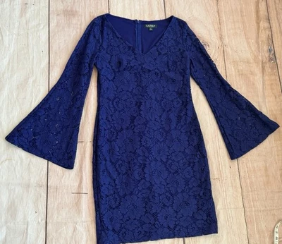 Lauren Ralph Lauren Blue Lace Overlay Dress Size 8 Bell Sleeves - Image 1 of 4