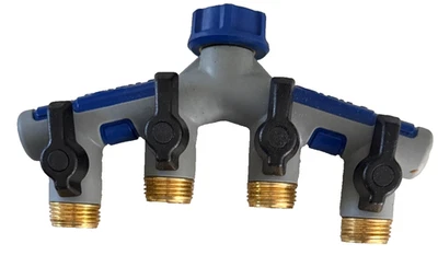 Adaptador de grifo de manguera de jardín Orbit de 4 vías colector de latón para exterior Foto 1 de 2