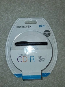 Memorex 10-Pack Printable CD-R 52x 700MB 80min Sealed w/ Bonus CD Marker - Picture 1 of 2