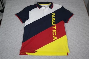 Nautica Poloshirt Herren Large Navy Rot Gelb Diagonal Colorblock Logo - Bild 1 von 5
