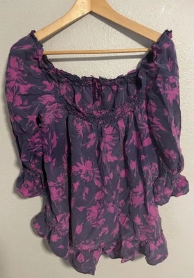 Jack BB Dakota Womens Top Size Large Purple Floral Silk Ruffle Romantic Fairy - Image 1 of 4