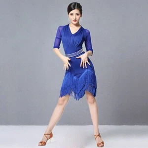 Women Wear Half Sleeves Spandex Mesh Fringes Latin Dresses with Peals Belt - Picture 1 of 27