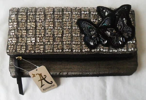 Monsoon Accessorize Foldover CLUTCH Purse w/ Rhinestones Butterflies Gold Black - Picture 1 of 10