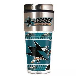 SAN JOSE SHARKS 16 OZ STAINLESS STEEL COFFEE TRAVEL MUG WITH 3D METAL EMBLEM - Picture 1 of 1