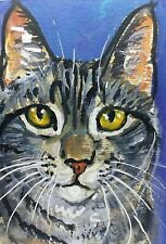 ACEO original painting Tabby cat 3.5" x 2.5" artist K. Kasheta A04