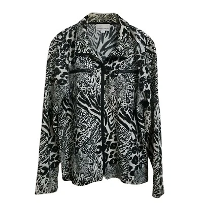 Womens Jacket Black & White Animal Print Tiger Leopard Cheetah Shimmer sz XL - Imagem 1 de 4