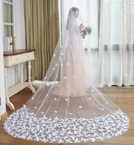 3D Butterfly Wedding Veils with Cover Face without Comb Cathedral Length Veils - Picture 1 of 9
