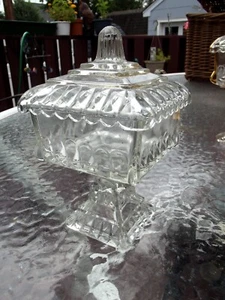 NICE VINTAGE SQUARE GLASS CANDY DISH ON PEDESTAL WITH LID, APPX. 3 1/2" X 6" - Picture 1 of 6
