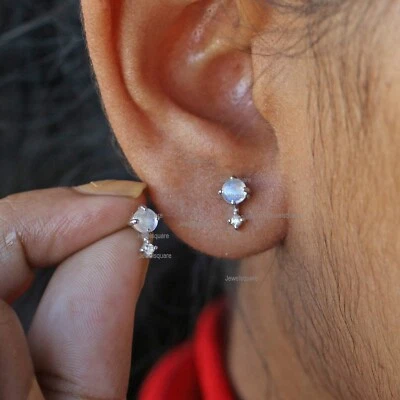 4mm Rainbow Moonstone & Natural Diamond Female Symbol Studs Earrings 14k Gold - Image 1 of 4