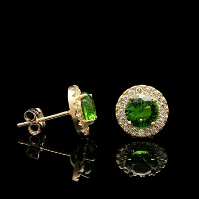 Natural Peridot and Diamonds Yellow Gold Plated Silver Halo Stud Earrings - Image 1 of 3