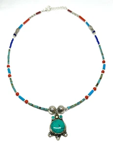 Turquoise, Coral Gemstone Tibetan 925 Sterling Silver Necklace Jewelry 18" adjus - Picture 1 of 6
