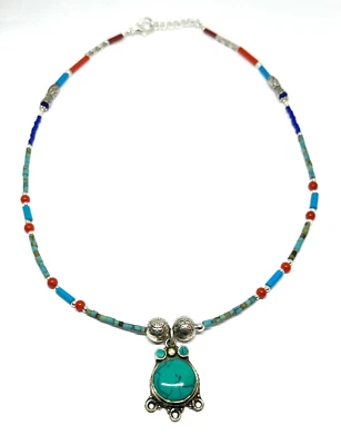 Turquoise, Coral Gemstone Tibetan 925 Sterling Silver Necklace Jewelry 18" adjus - Image 1 of 4