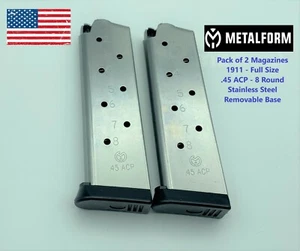 1911 Magazine 2 Pack 8 Round Stainless 45 ACP Auto Fits Colt Kimber Springfield - Picture 1 of 10