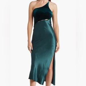Topshop Petite One Shoulder Green Velvet and Satin Cut Out Midi Dress Womens 6 - Picture 1 of 13